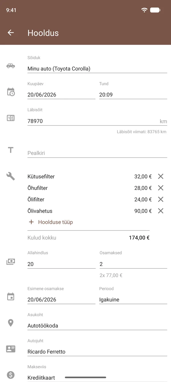 Drivvo hoolduskirje õlivahetuse, filtrite, kulude, odomeetri näidu ja asukohaga