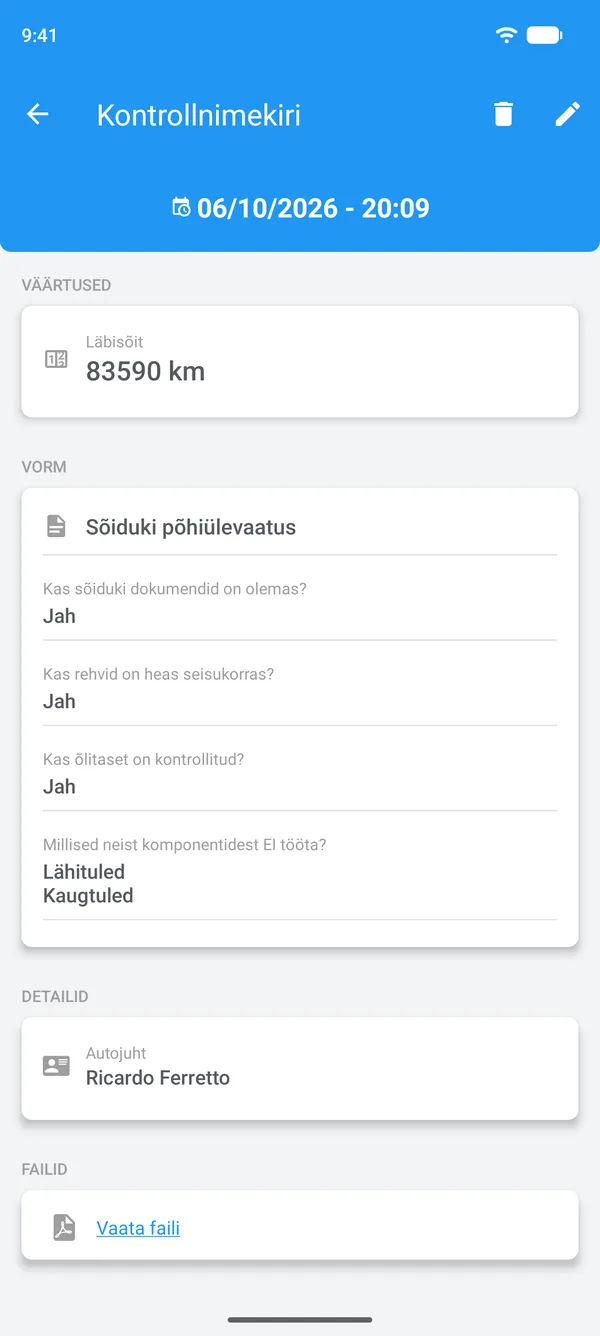 Täidetud kontrollnimekiri Drivvos koos vastuste, autojuhi ja lisatud failiga