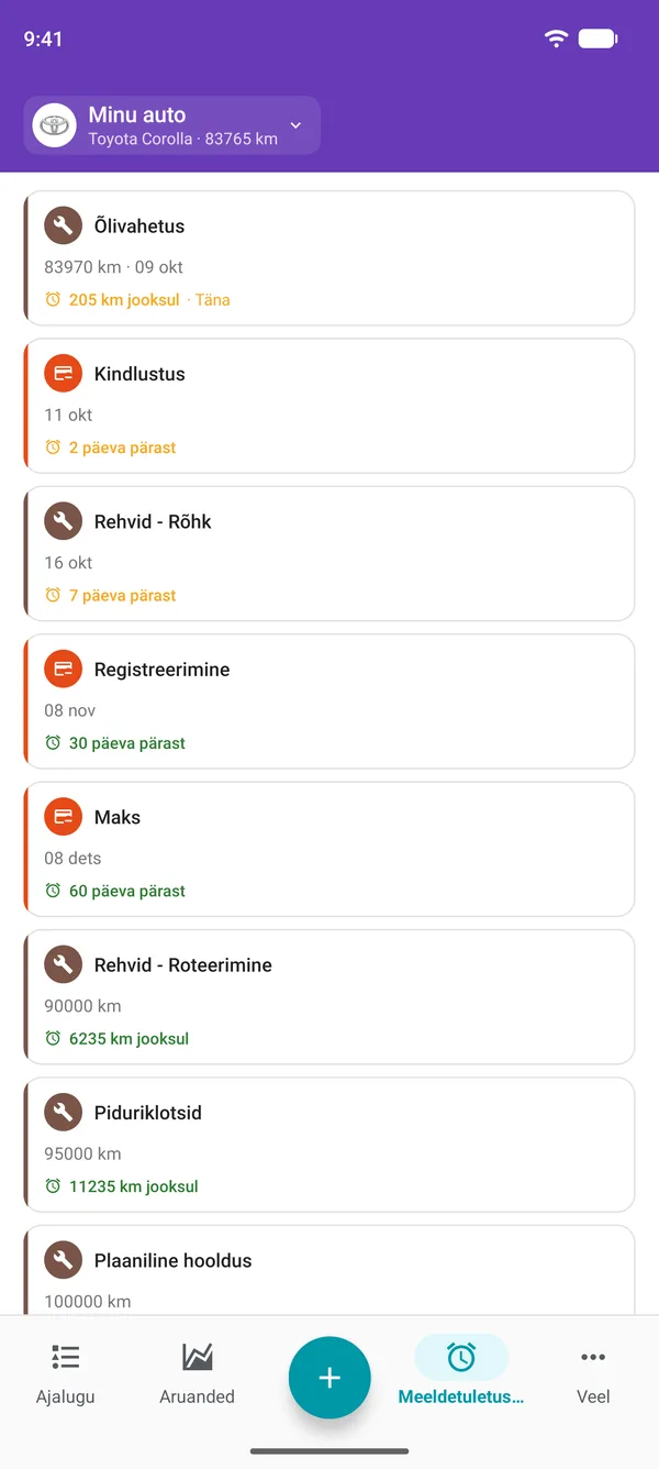 Drivvo rakenduse meeldetuletused hoolduse, registreerimise ja maksude kohta koos tähtajani jäänud ajaga