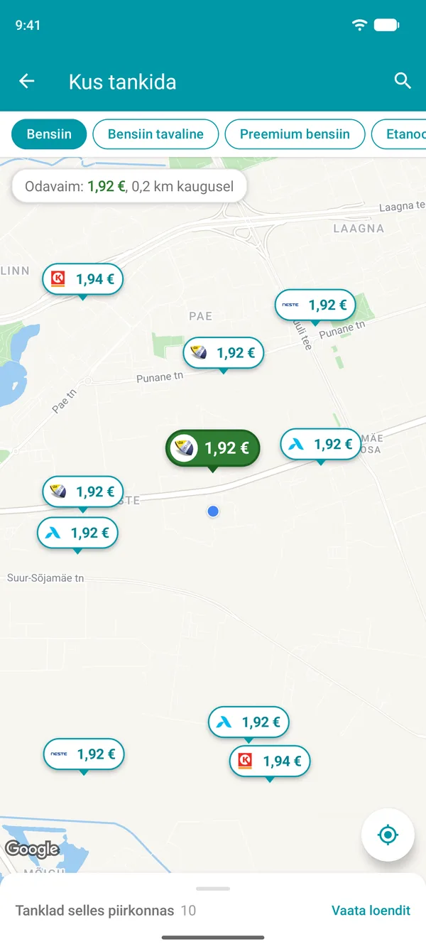 Drivvo rakenduse kaart lähedal asuvate tanklate bensiinihindadega, odavaim on roheline
