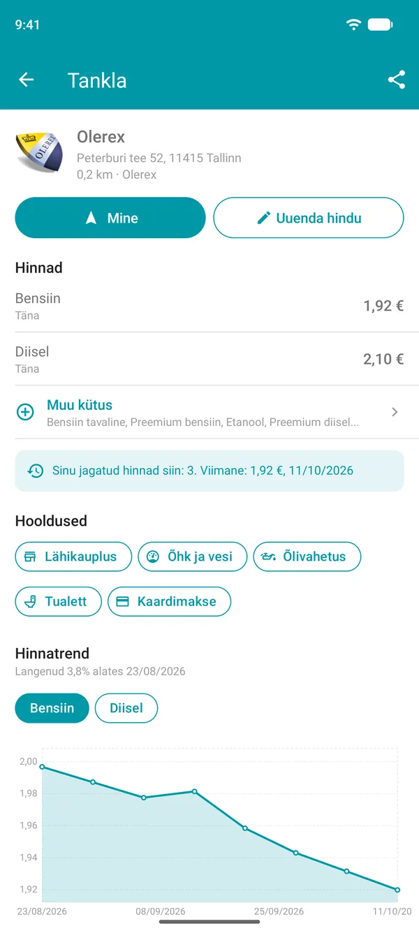 Tankla andmed Drivvo rakenduses koos kütusehindade, teenuste ja hinnaajaloo graafikuga