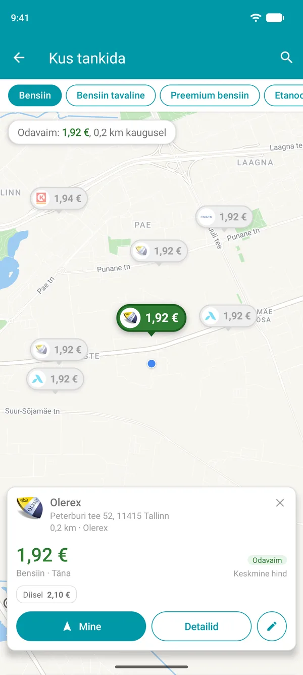 Drivvo rakenduses avatud odavaim tankla koos kütusehindade, kauguse ja nupuga Mine