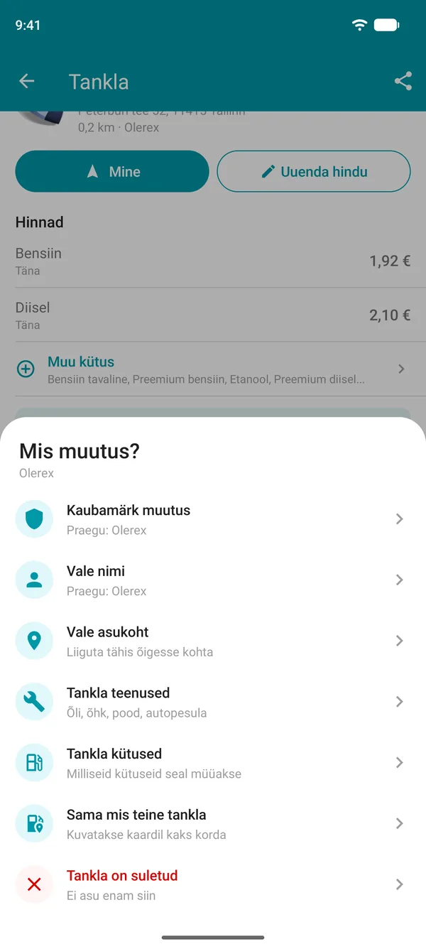 Drivvo rakenduse muudatuse soovitamise valikud: kaubamärk, nimi, asukoht, teenused, kütused, duplikaat või suletud tankla