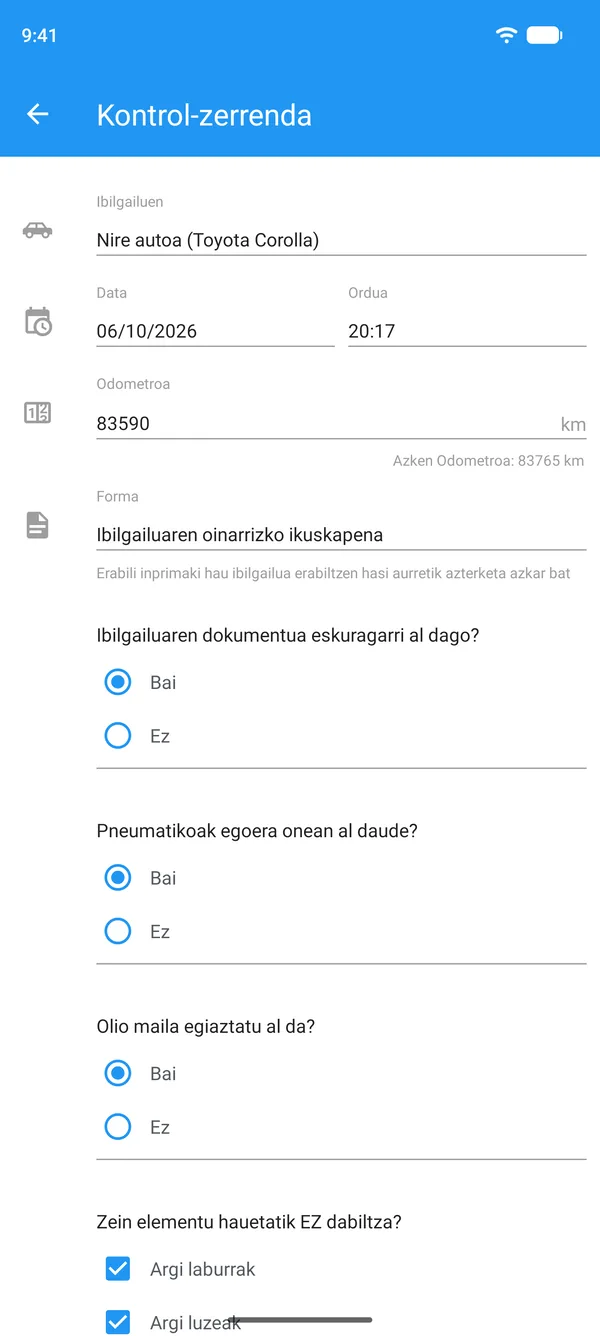 Mugikorrean betetako ibilgailuaren kontrol-zerrenda, ibilgailuarekin, odometroarekin eta bai edo ez erantzunekin