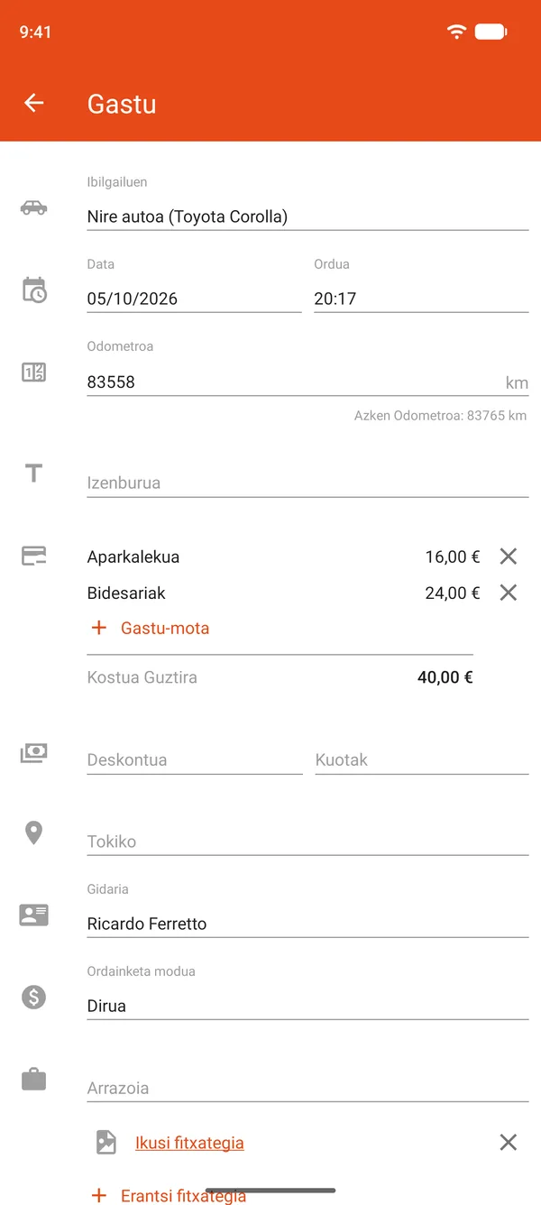 Aparkalekuak eta bidesariek eragindako gastuaren erregistroa, deskontuarekin eta epekako ordainketekin