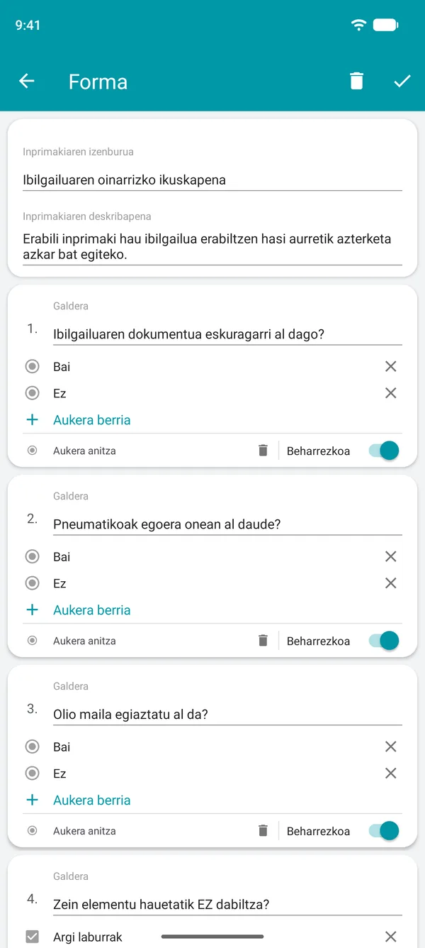 Drivvo aplikazioan kontrol-zerrendaren inprimakia sortzen, bai edo ez galderekin eta derrigorrezko eremu batekin