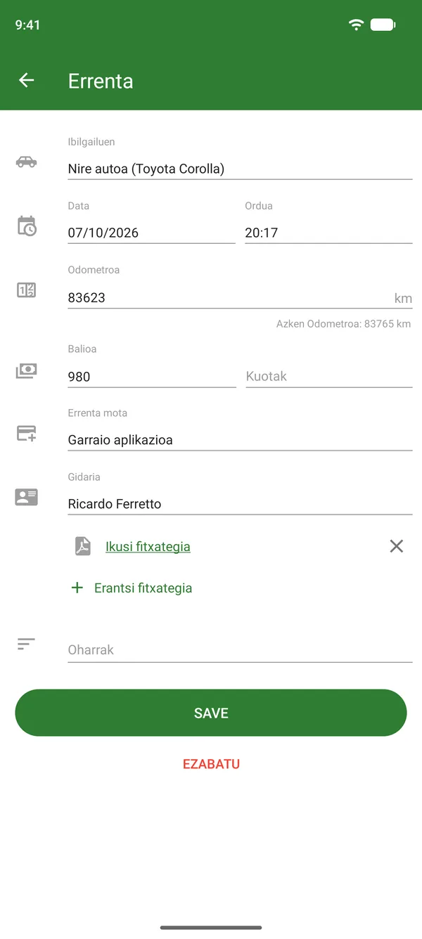 Bidaiengatiko diru-sarreren erregistroa, zenbatekoarekin, datarekin eta odometroarekin