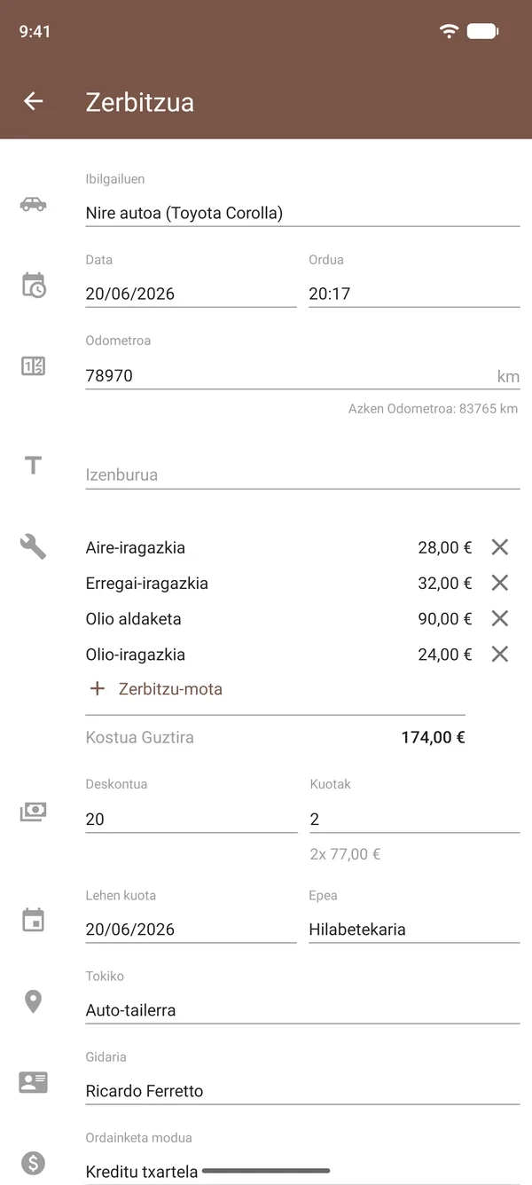 Olio aldaketa, iragazkiak, kostuak, odometroa eta lekua jasotzen dituen zerbitzu-erregistroa Drivvo aplikazioan