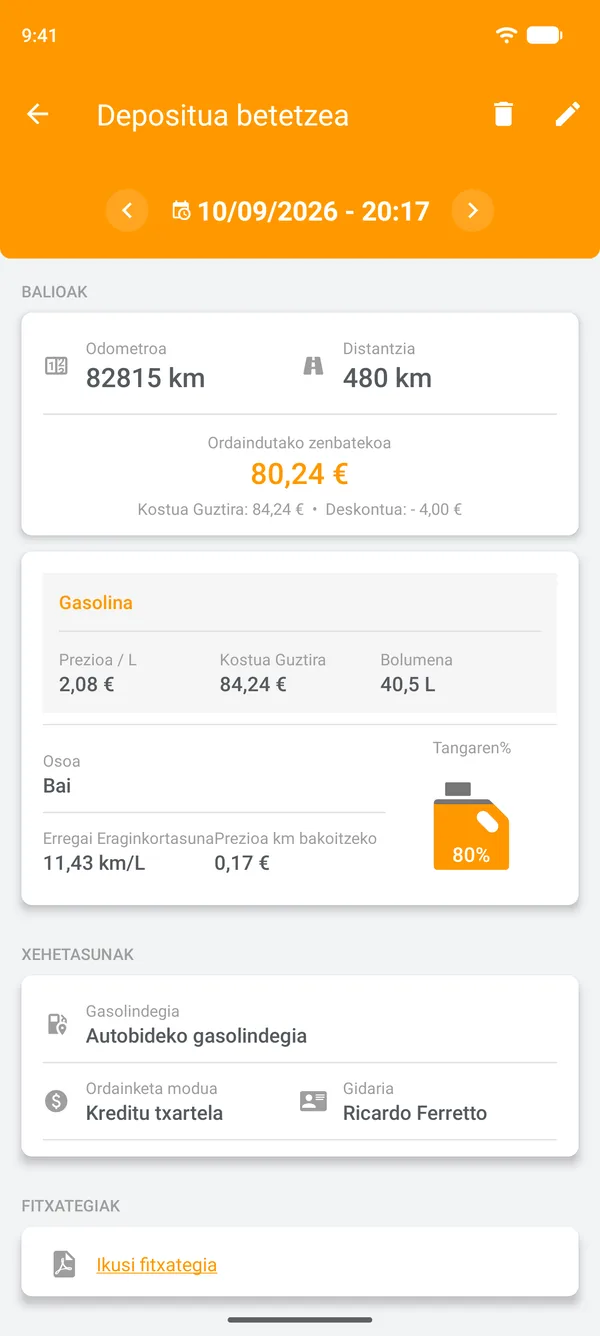 Gordetako depositu-betetzea, erregai-eraginkortasuna, egindako distantzia eta distantzia bakoitzeko kostua erakusten dituena