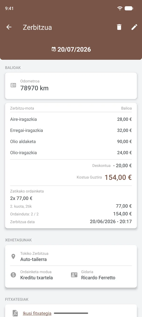 Zerbitzu baten xehetasunak: elementuak, deskontua, ordainketa-zatiak, lekua eta gidaria