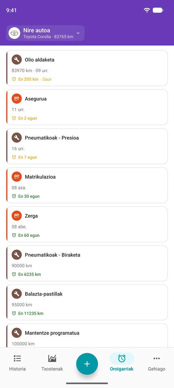 Drivvo aplikazioko mantentze-lanen, matrikulazioaren eta zergen oroigarriak, bakoitzaren epemugara arte falta den denborarekin