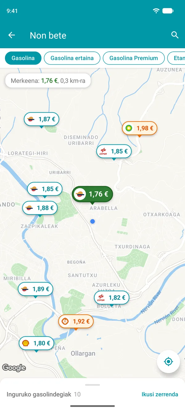 Drivvo aplikazioko mapa, inguruko gasolindegi bakoitzeko gasolina prezioarekin eta merkeena berdez nabarmenduta