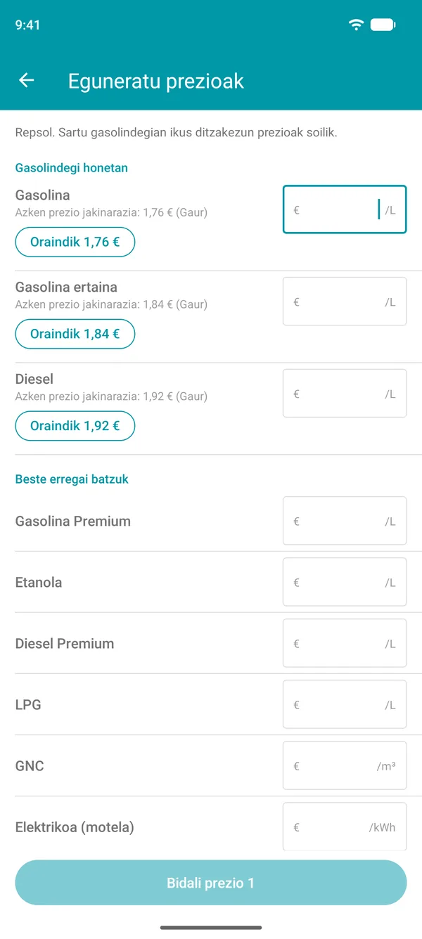 Eguneratu prezioak pantaila Drivvo aplikazioan, erregai bakoitzaren azken prezio jakinaraziarekin eta hura baieztatzeko botoiarekin