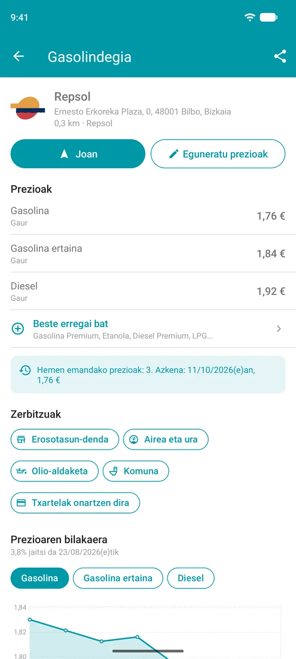 Gasolindegiaren xehetasunak Drivvo aplikazioan, erregaien prezioekin, zerbitzuekin eta prezioen historikoaren grafikoarekin