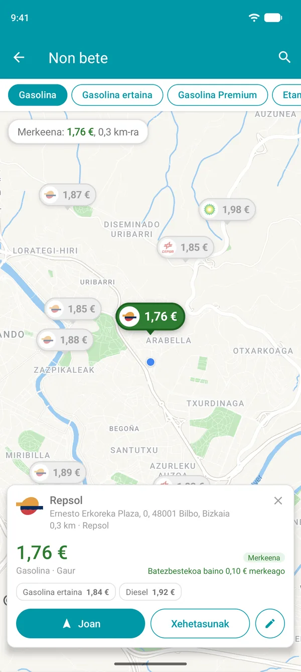 Drivvo aplikazioan irekitako gasolindegirik merkeena, erregaien prezioekin, distantziarekin eta Joan botoiarekin