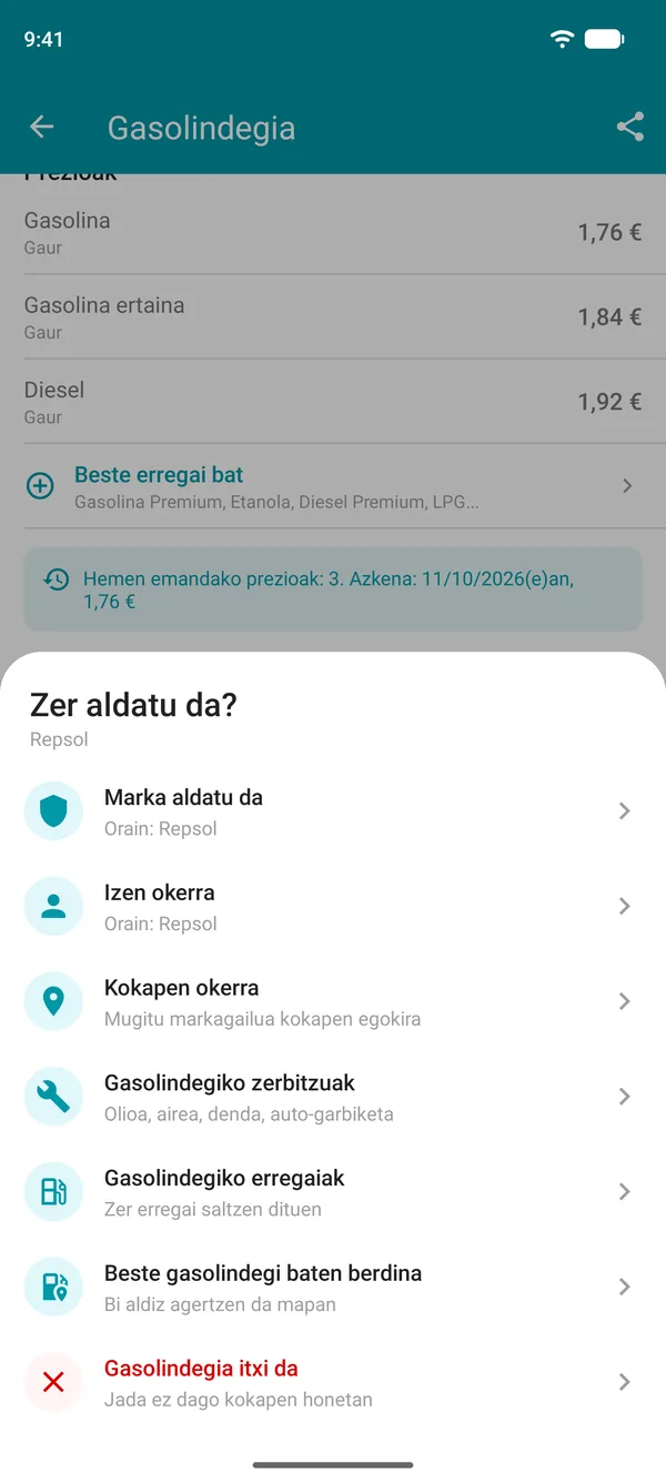 Aldaketa bat proposatu aukerak Drivvo aplikazioan: marka, izena, kokapena, zerbitzuak, erregaiak, bikoiztutako edo itxitako gasolindegia