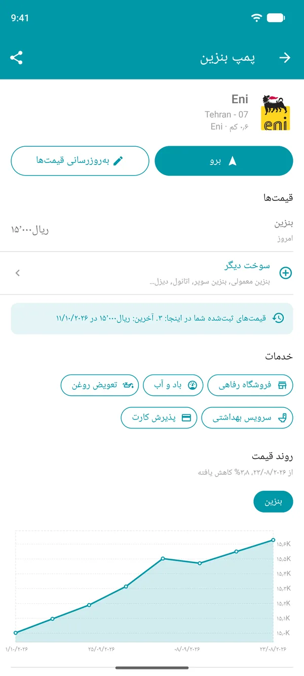 جزئیات پمپ بنزین در Drivvo همراه با قیمت سوختها، خدمات و نمودار تاریخچه قیمتها