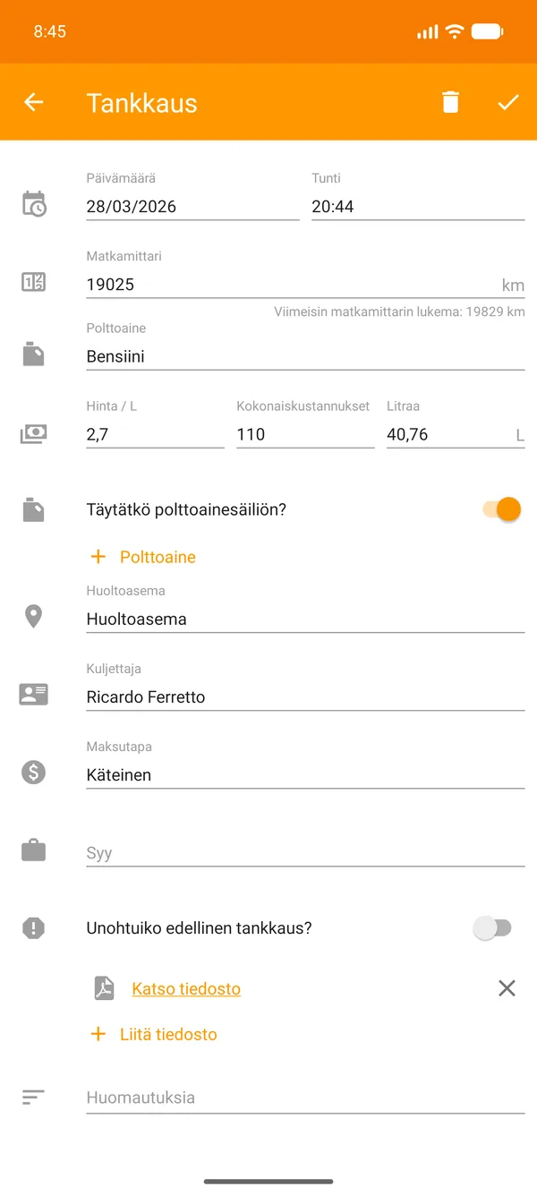Drivvo — Rekisteröinti — Polttoaineen seuranta