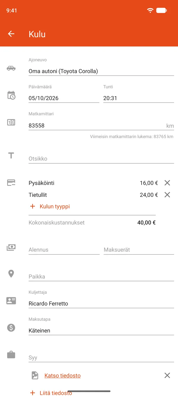 Kulumerkintä, jossa on pysäköinti ja tietullit, alennus ja maksuerät