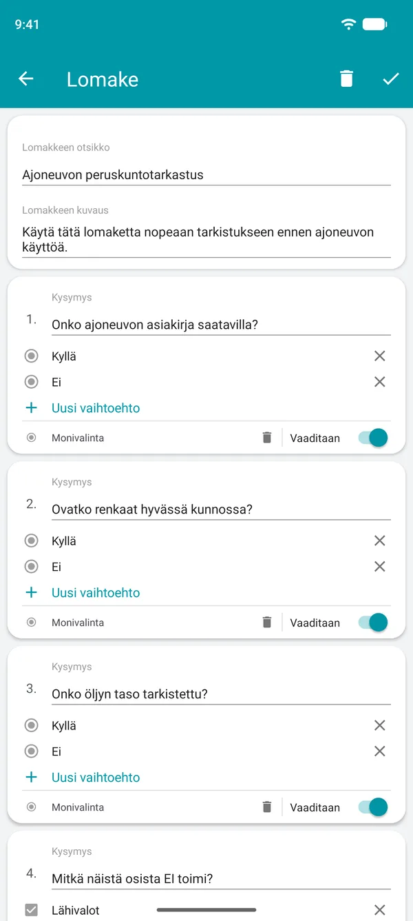 Tarkistuslistalomakkeen luonti Drivvo-sovelluksessa: kyllä tai ei -kysymyksiä ja pakollinen kenttä