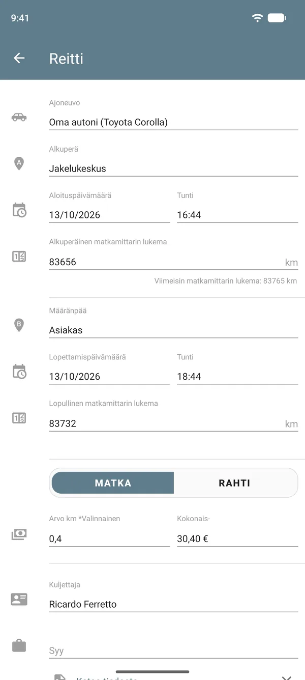 Reittimerkintä matkatilassa: lähtö- ja määränpää, matkamittarin lukemat, korvaus matkan pituuden mukaan ja kokonaissumma