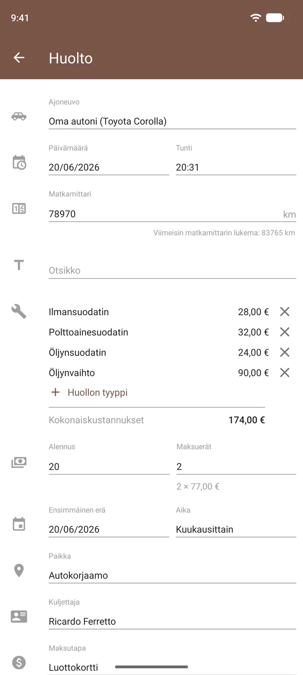 Drivvo-huoltomerkintä, jossa näkyvät öljynvaihto, suodattimet, kulut, matkamittari ja paikka