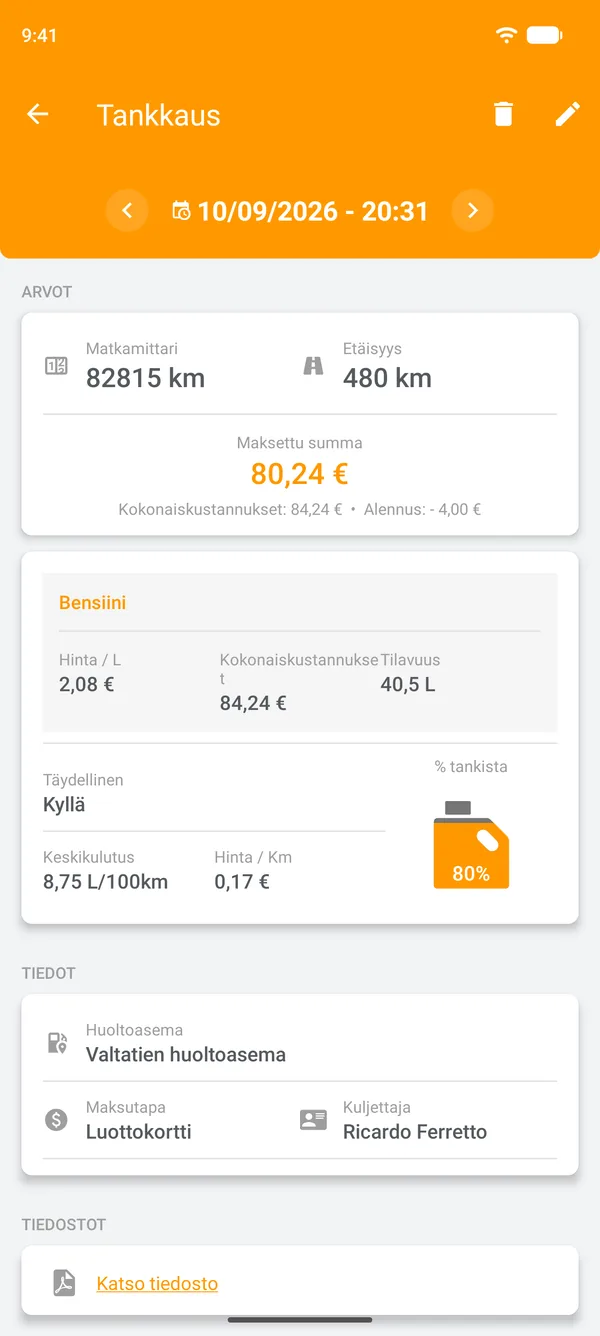 Tallennettu tankkaus, jossa näkyvät keskikulutus, ajettu matka ja matkan yksikkökustannus