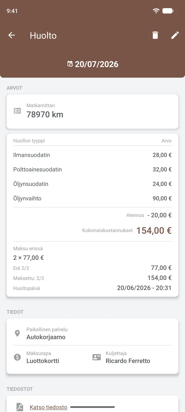 Huollon tiedot: toimenpiteet, alennus, maksuerät, paikka ja kuljettaja