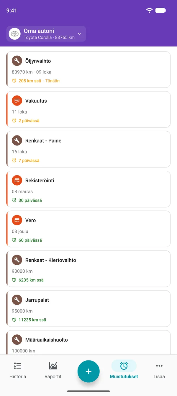 Drivvo-sovelluksen muistutukset huollosta, rekisteröinnistä ja veroista sekä niiden eräpäiviin jäljellä oleva aika