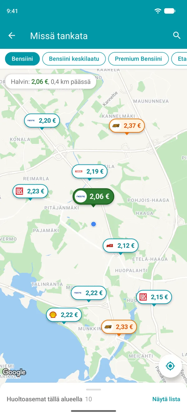 Drivvo-sovelluksen kartta, jossa näkyvät lähialueesi huoltoasemien bensiinin hinnat ja halvin vihreällä