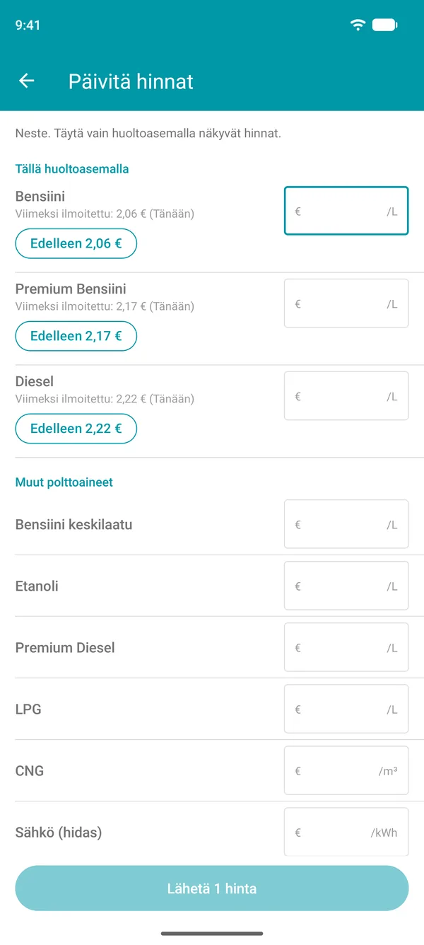 Päivitä hinnat -näkymä Drivvo-sovelluksessa, kunkin polttoaineen viimeksi ilmoitettu hinta ja vahvistuspainike