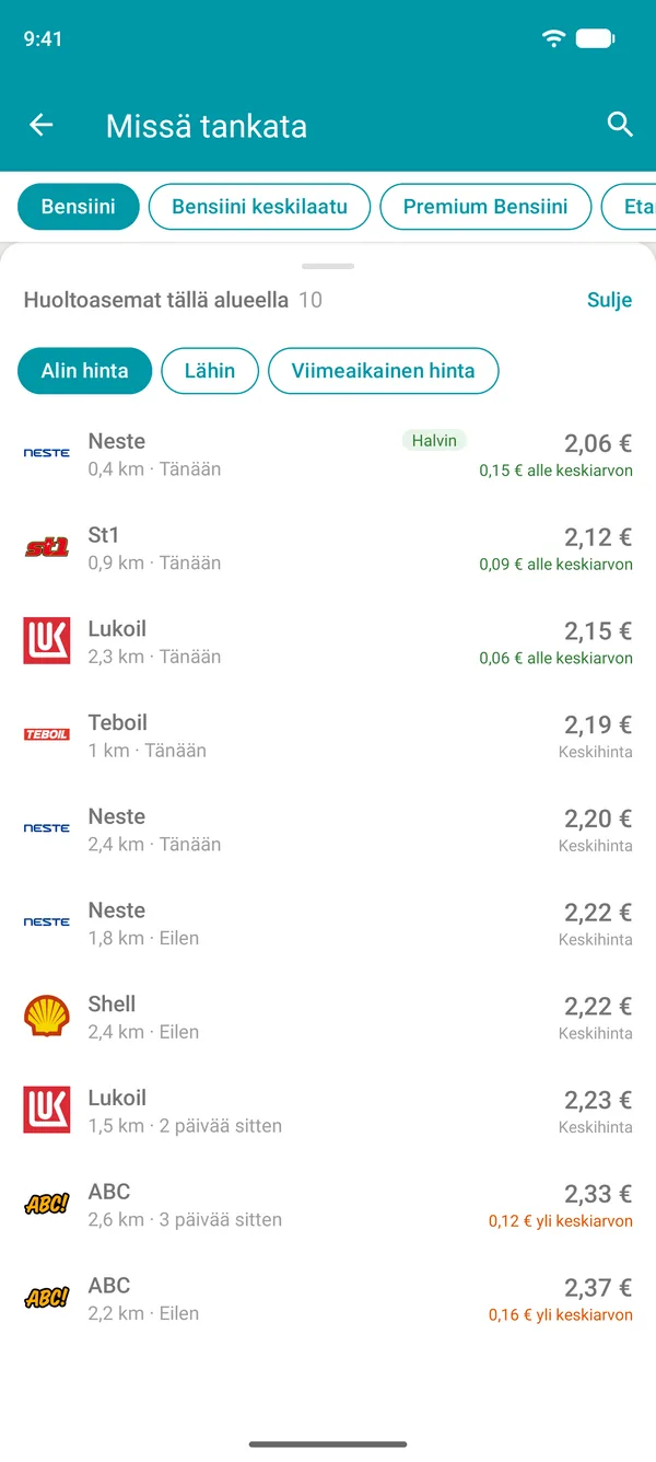 Luettelo lähialueesi huoltoasemista Drivvo-sovelluksessa edullisimmasta alkaen, mahdollisuus lajitella etäisyyden mukaan