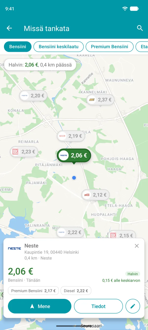 Drivvo-sovelluksessa avattu halvimman huoltoaseman näkymä, jossa näkyvät polttoaineiden hinnat, etäisyys ja Mene-painike