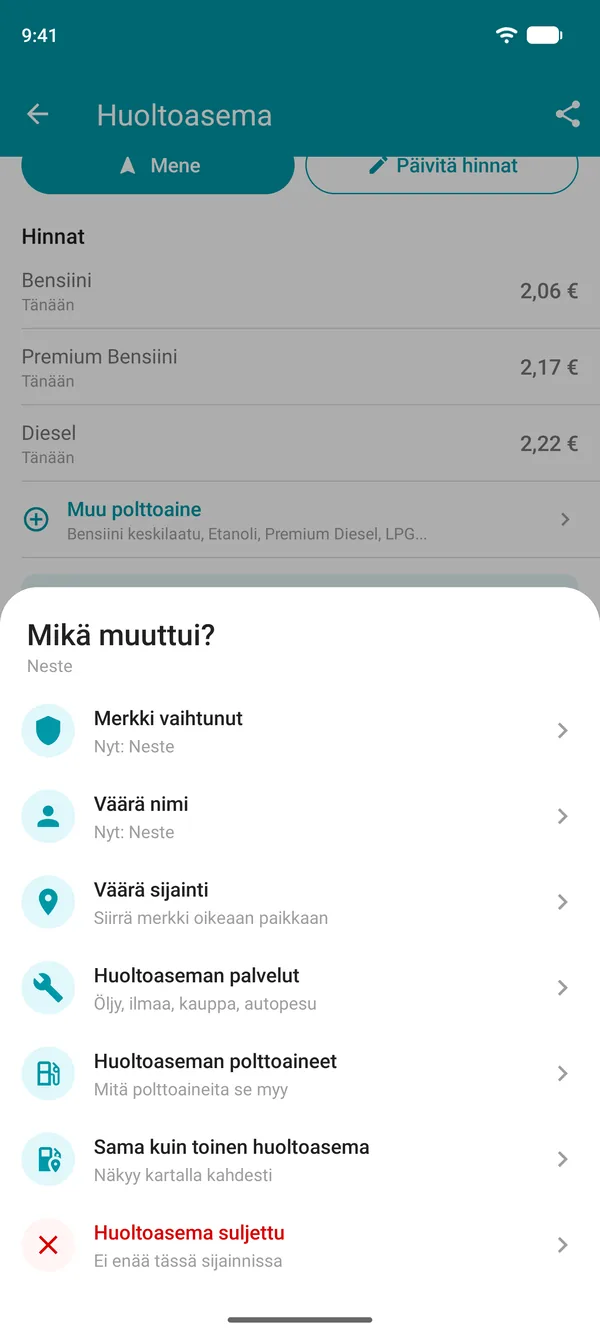 Ehdota muutosta -valinnat Drivvo-sovelluksessa: ketju, nimi, sijainti, palvelut, polttoaineet, päällekkäinen tai suljettu huoltoasema