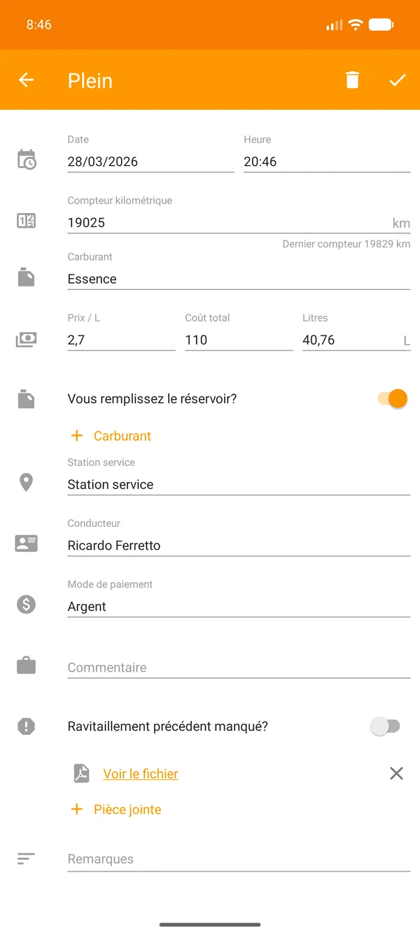 Drivvo — Enregistrement — Suivi du carburant
