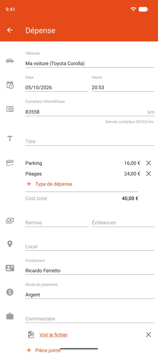 Saisie d'une dépense de stationnement et de péage, avec remise et paiement échelonné