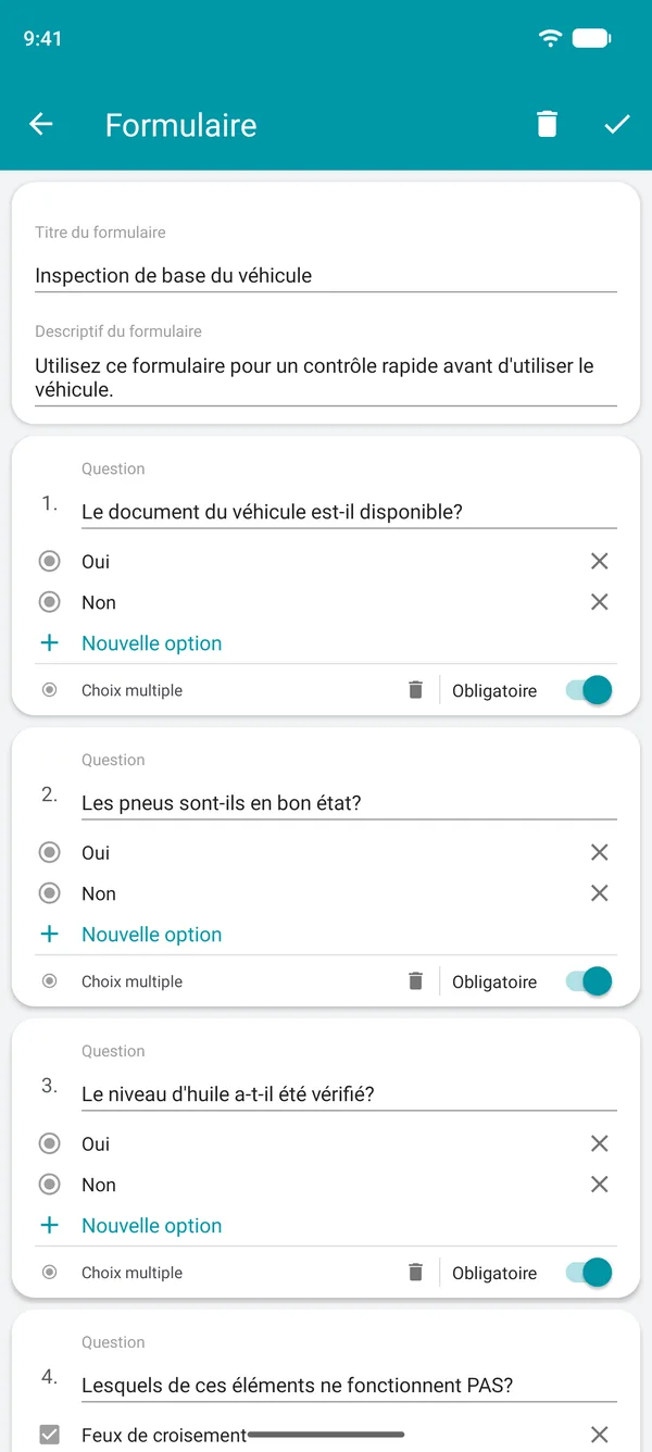 Création d'un formulaire de liste de contrôle dans l'application Drivvo, avec des questions oui/non et un champ obligatoire