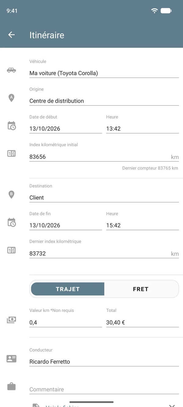 Saisie d'un itinéraire en mode trajet, avec départ, arrivée, relevés du compteur kilométrique, tarif par distance et total