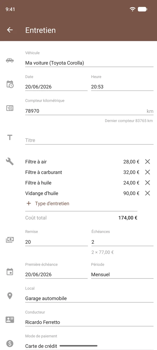 Entretien enregistré dans Drivvo avec vidange d'huile, filtres, coûts, compteur kilométrique et lieu