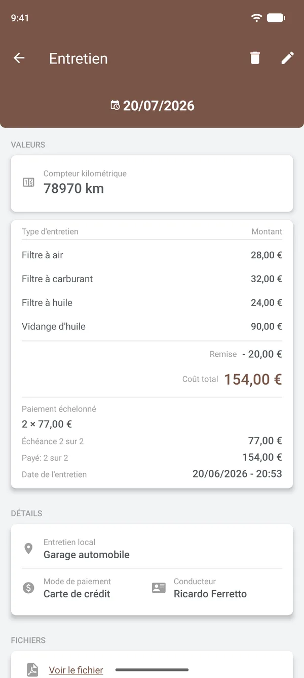Détails d'un entretien avec les éléments, la remise, les échéances de paiement, le lieu et le conducteur