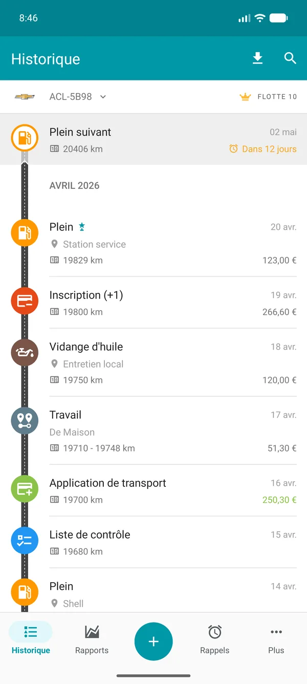 Drivvo — Historique des enregistrements