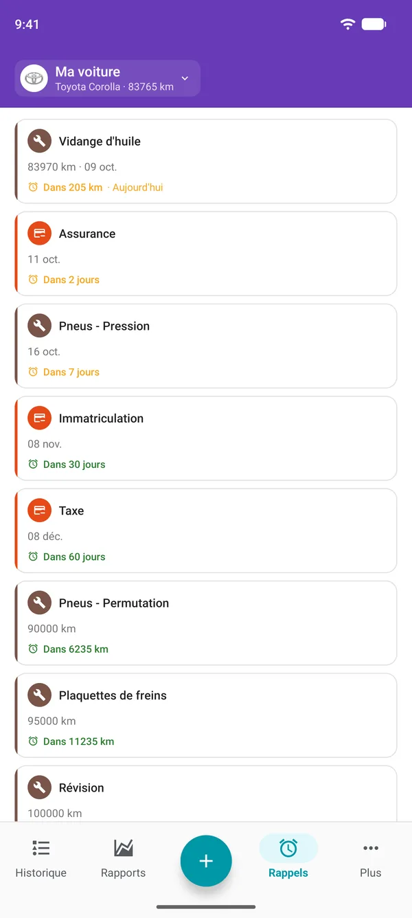 Rappels dans l’application Drivvo pour l’entretien, l’immatriculation et les taxes, avec le délai restant avant chaque échéance