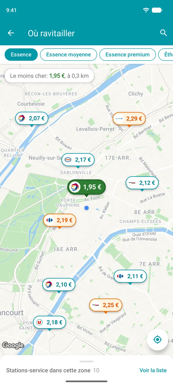 Carte dans l'appli Drivvo affichant le prix de l'essence dans chaque station service près de chez vous, avec la moins chère en vert