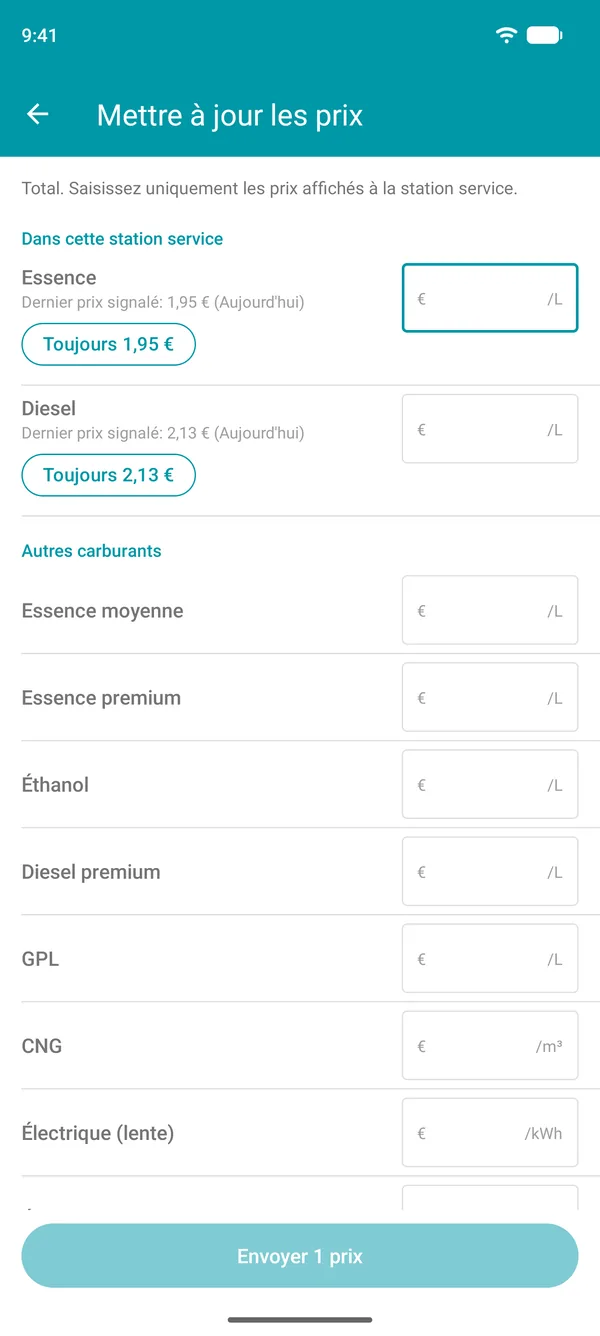 Écran Mettre à jour les prix dans l’application Drivvo, avec le dernier prix signalé pour chaque carburant et un bouton de confirmation
