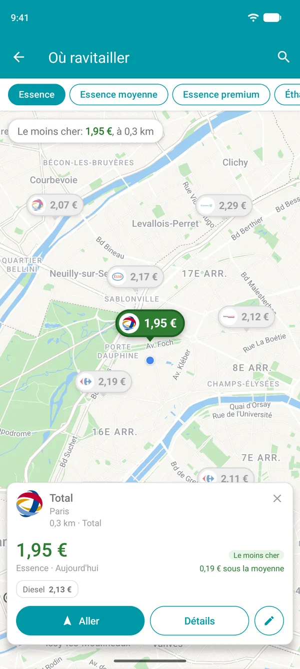 Fiche de la station la moins chère dans l'appli Drivvo, avec les prix des carburants, la distance et le bouton Aller