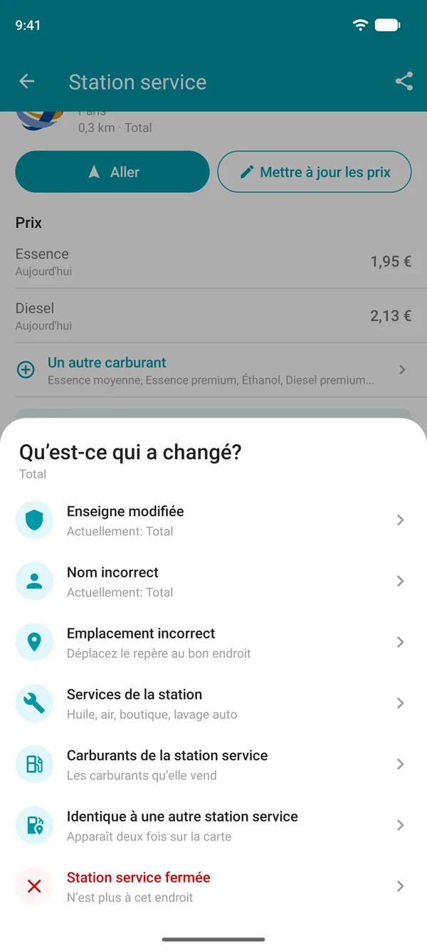 Options de Suggérer une modification dans l’application Drivvo: enseigne, nom, emplacement, services, carburants, station en double ou fermée