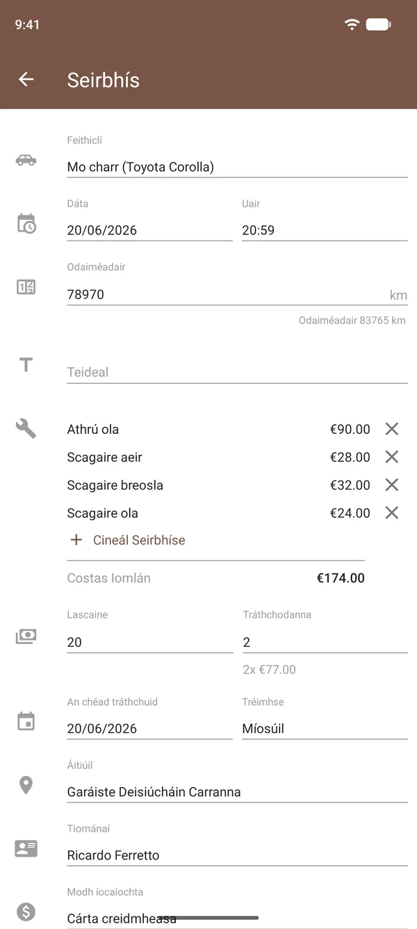 Taifead seirbhíse in Drivvo le hathrú ola, scagairí, costais, odaiméadar agus suíomh