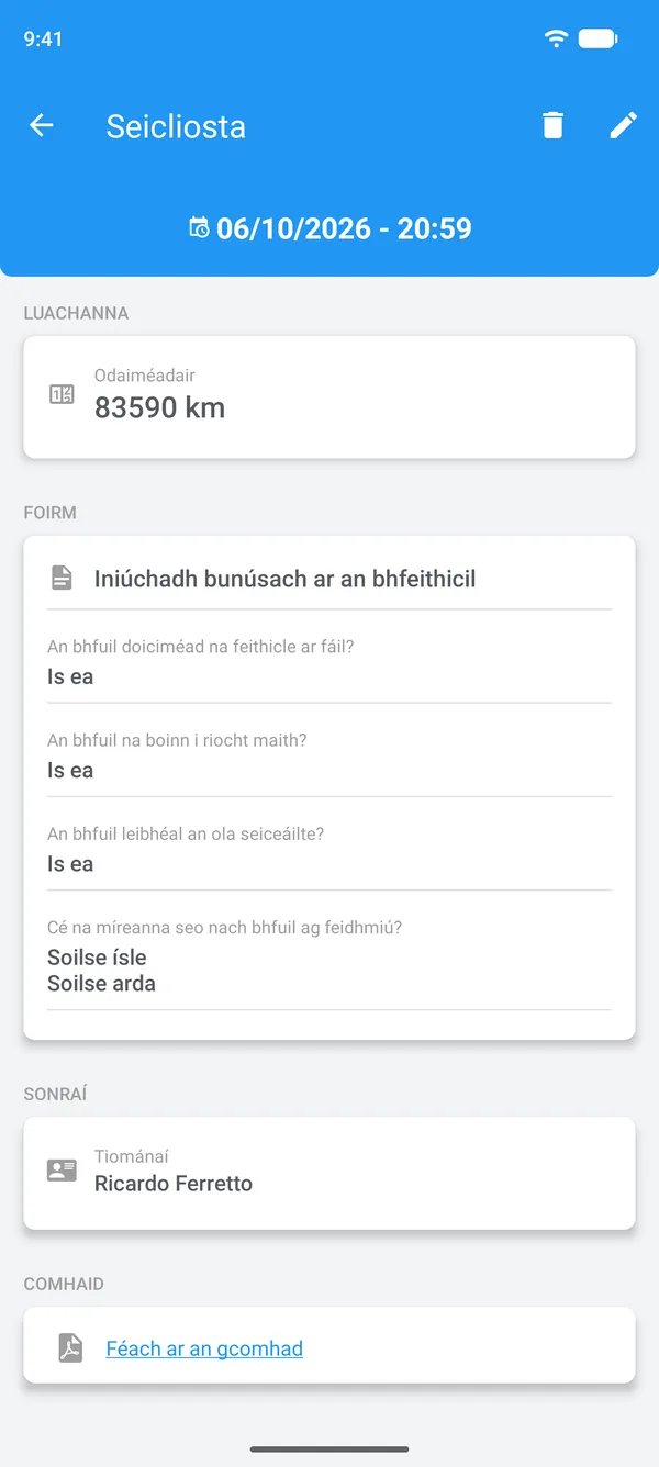 Seicliosta comhlánaithe in Drivvo, leis na freagraí, an tiománaí agus an comhad ceangailte