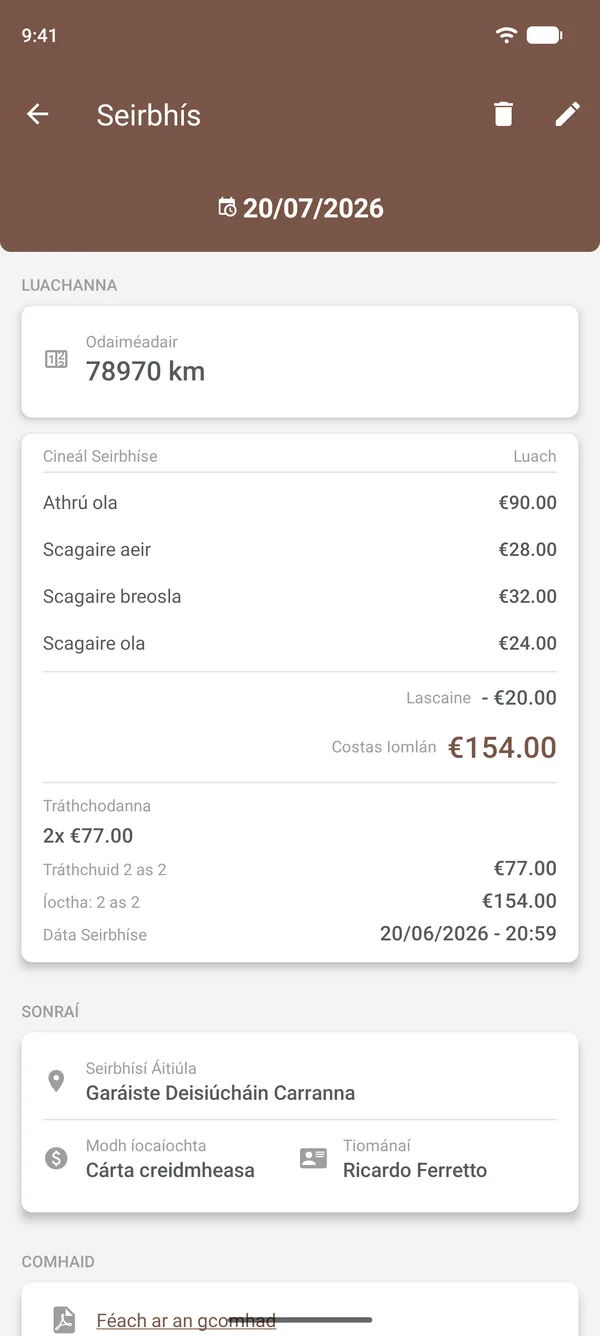Sonraí seirbhíse leis na míreanna, lascaine, tráthchodanna, suíomh agus tiománaí
