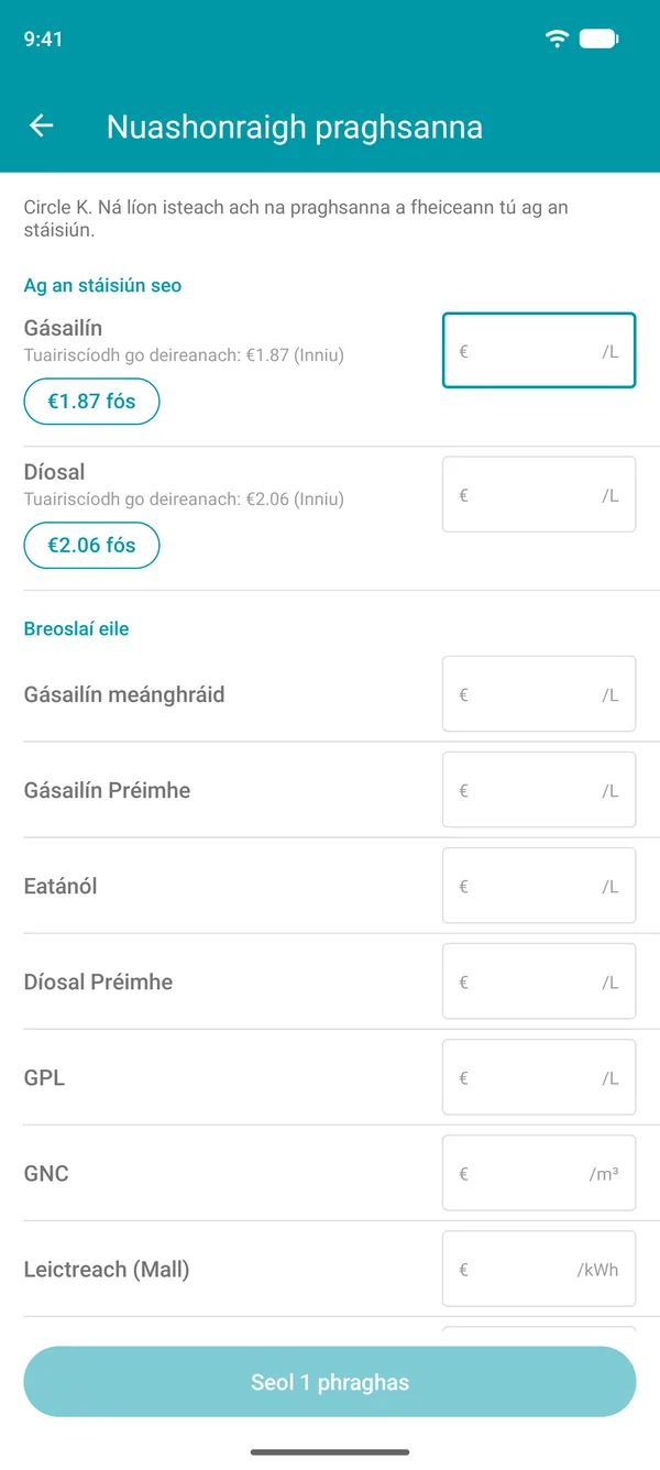 Scáileán Nuashonraigh praghsanna in aip Drivvo, leis an bpraghas deireanach a tuairiscíodh do gach breosla agus cnaipe lena dheimhniú
